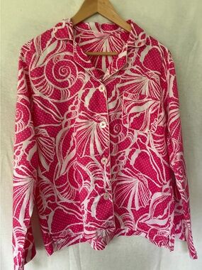 Lilly Pulitzer Pink White Shell Print Lace By The Docks 2 Piece Pajama Set Sz S